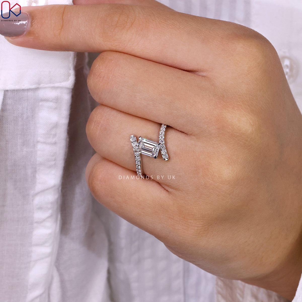 Emerald Cut Engagement Ring In Bypass Setting
