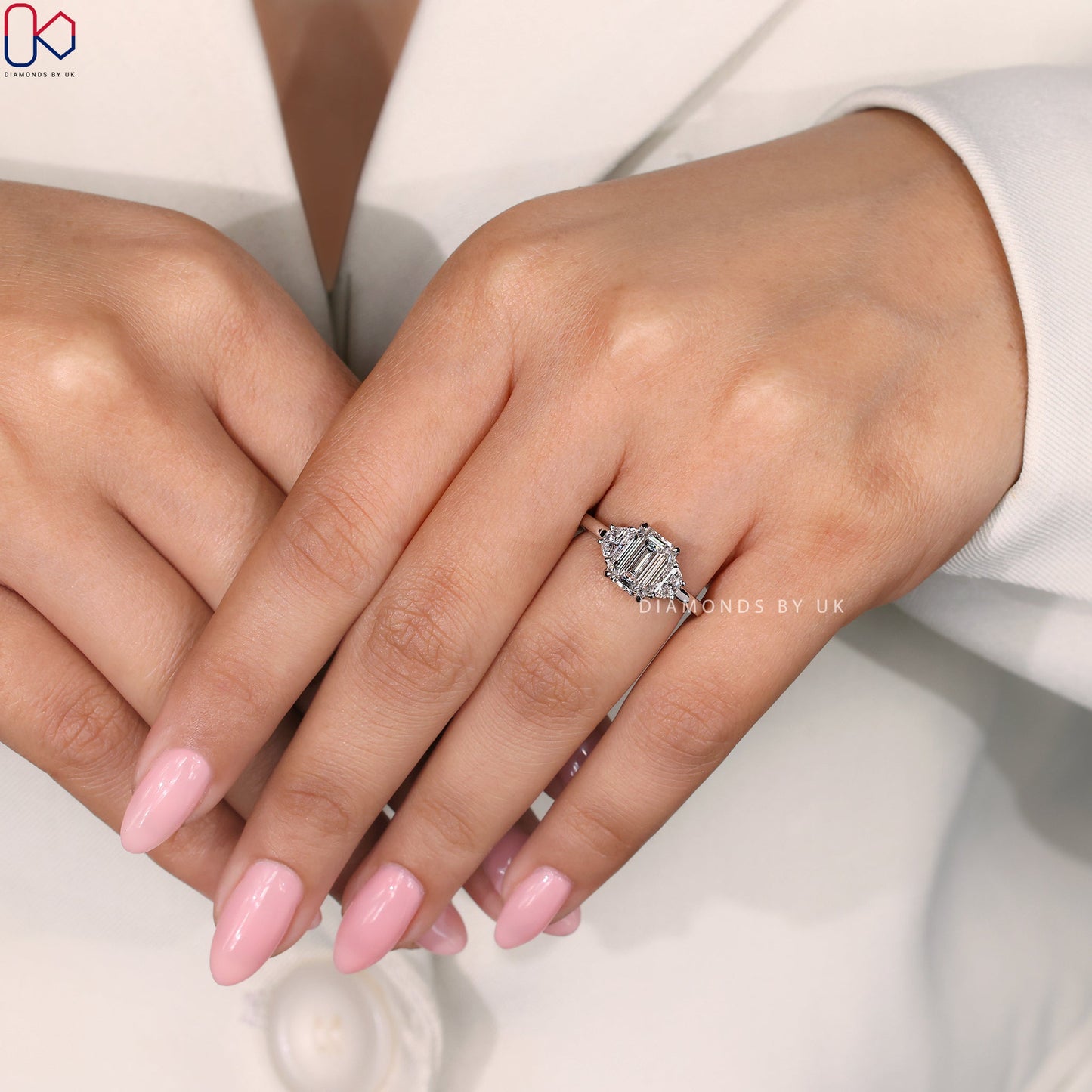 Emerald Cut 3 diamond engagement ring with Half Moon Sides