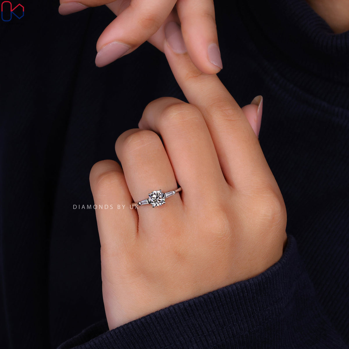 Three Stone Engagement Ring - Round and Baguette
