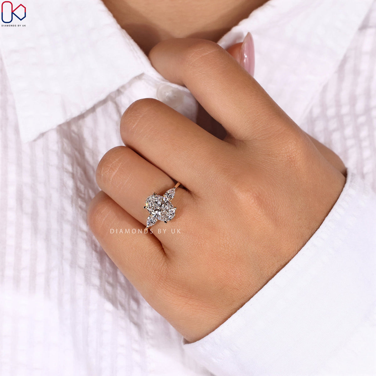 3 Stone Diamond Engagement Ring - Oval and Pear