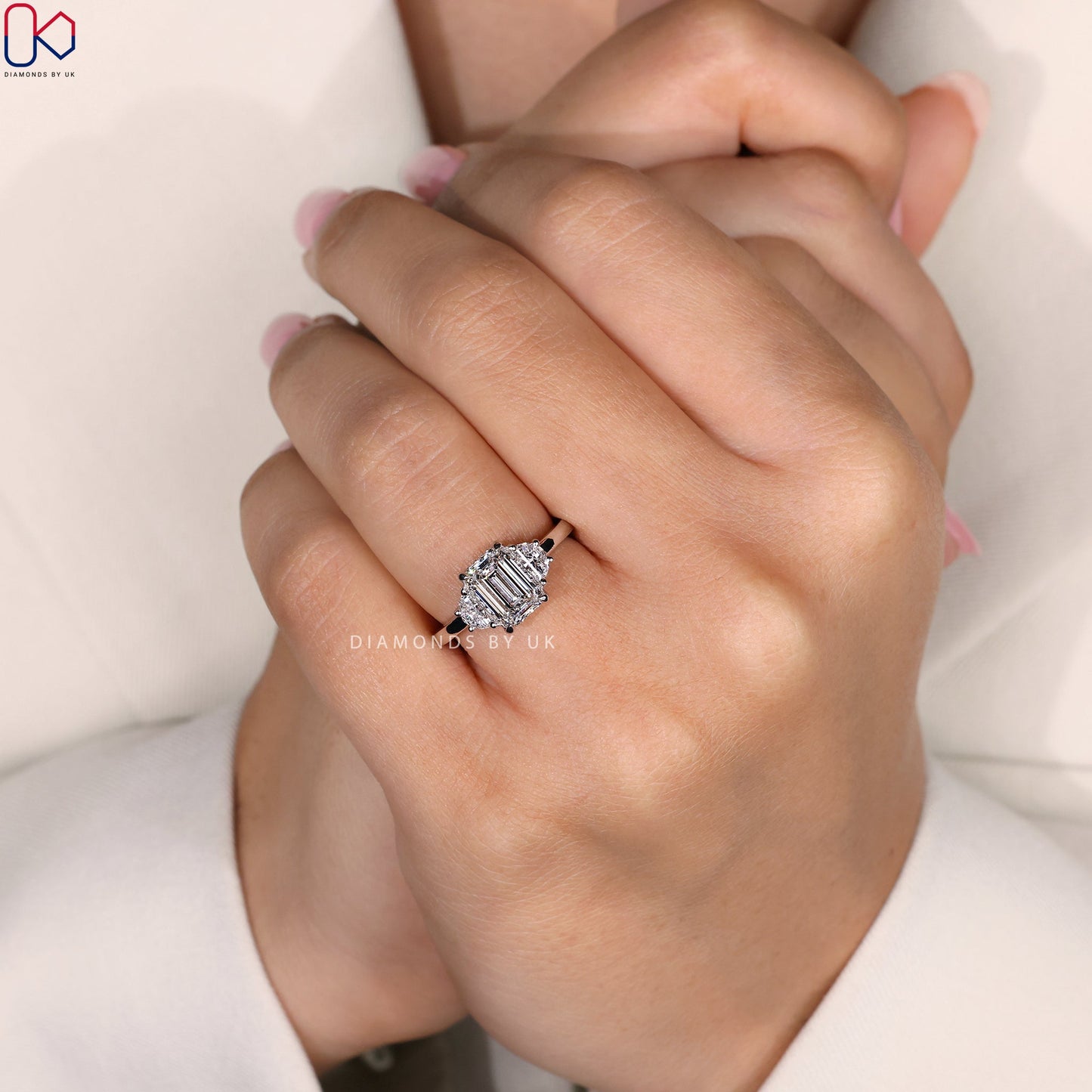Emerald Cut 3 diamond engagement ring with Half Moon Sides