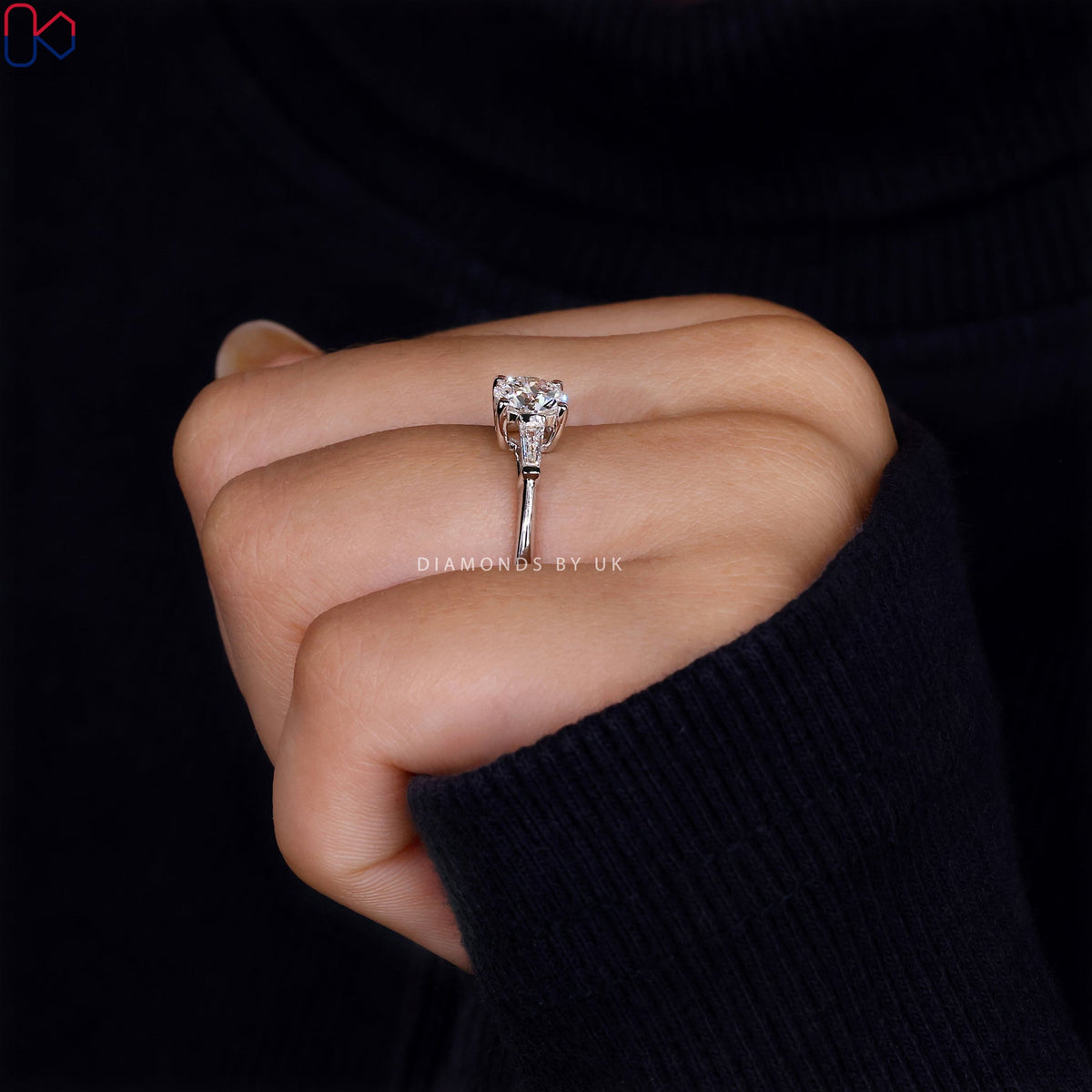 Three Stone Engagement Ring - Round and Baguette