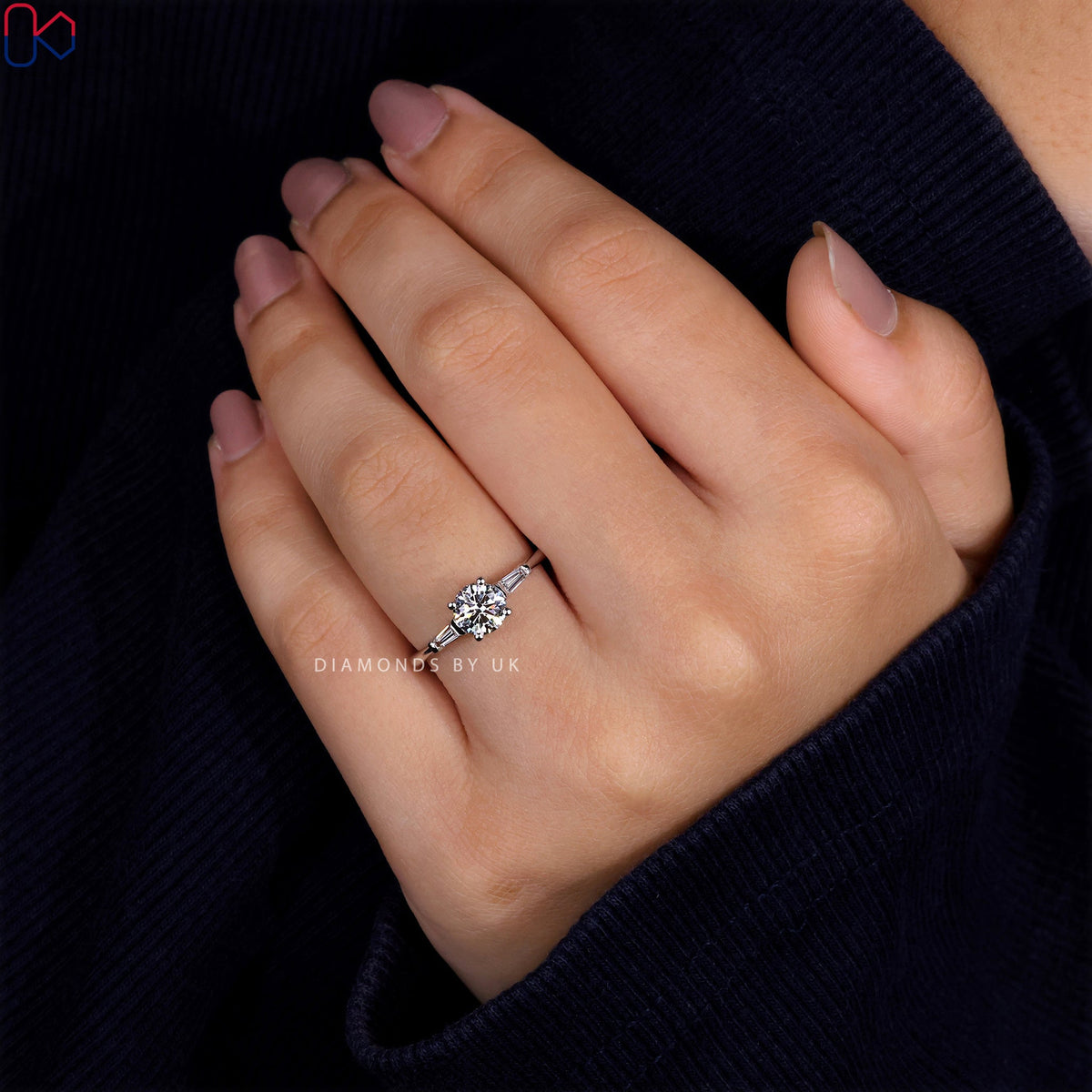 Three Stone Engagement Ring - Round and Baguette