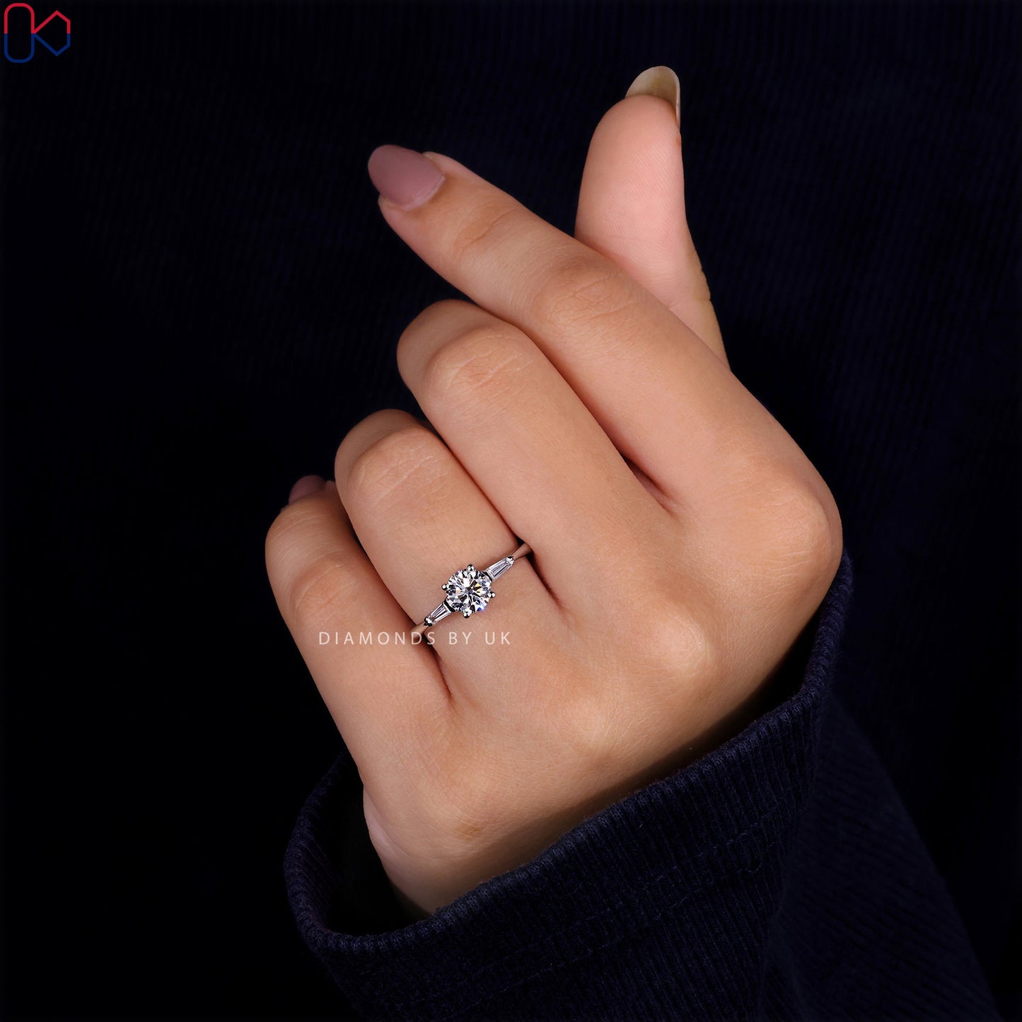 Three Stone Engagement Ring - Round and Baguette