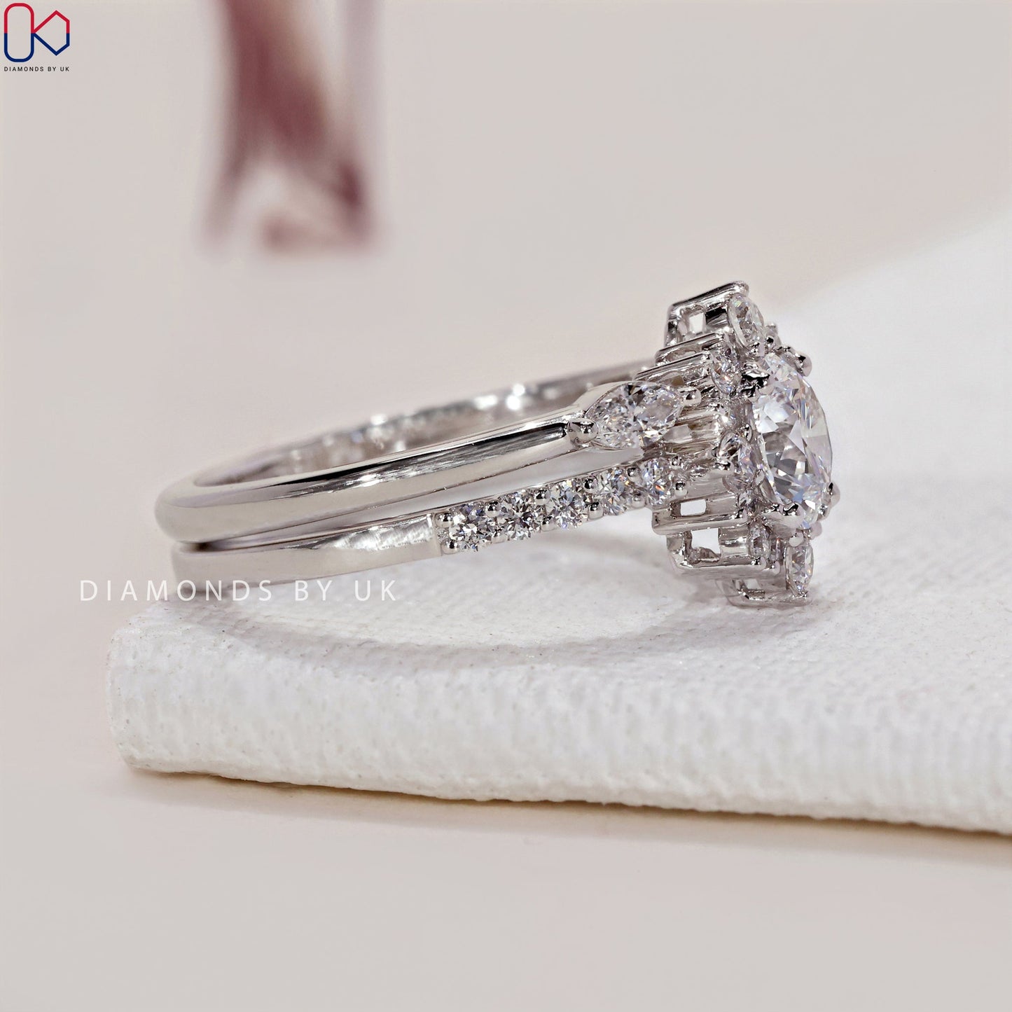 Halo Engagement Ring With Wedding Band