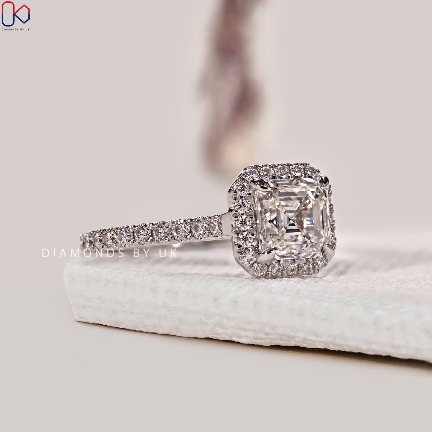 Asscher Cut Diamond Ring With Halo Pave Setting