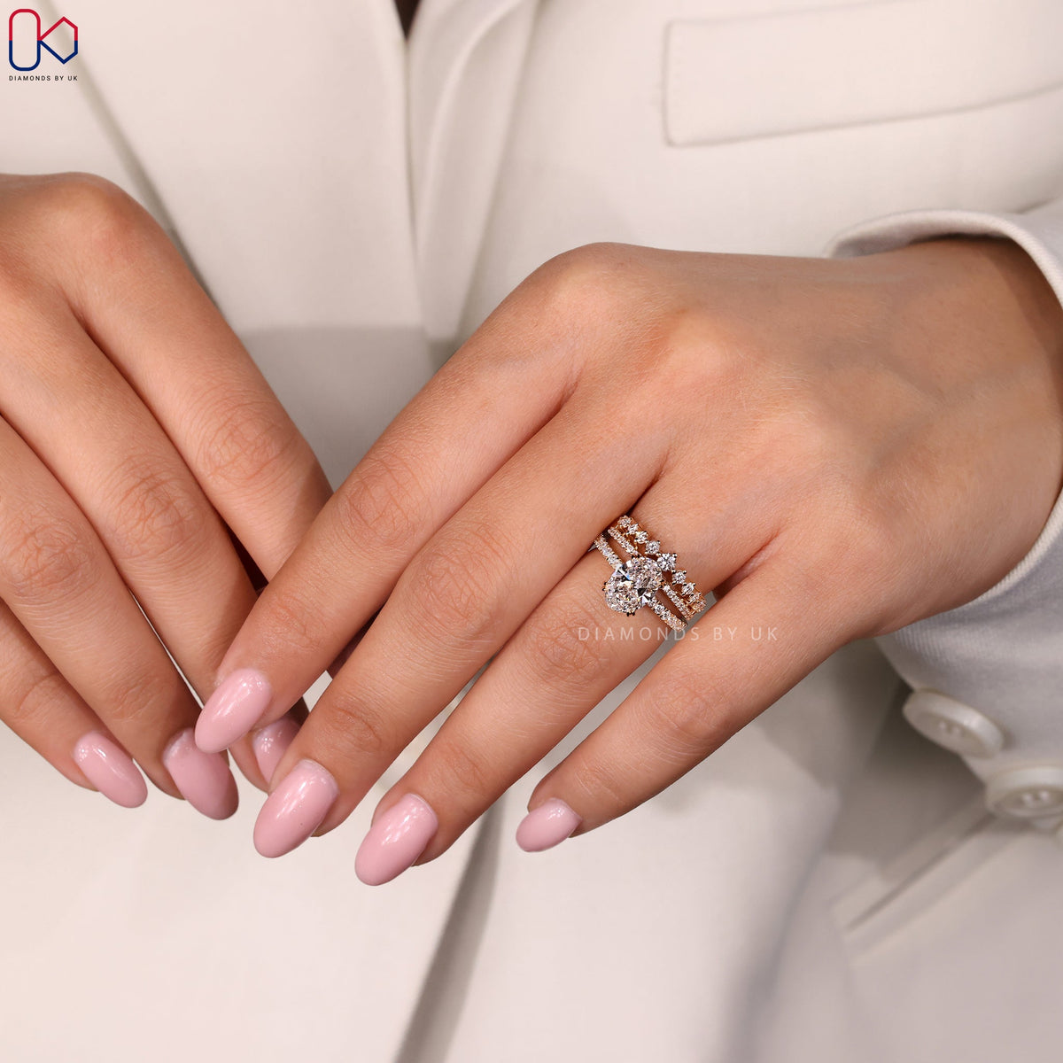 Oval Diamond Pave Engagement Ring with Wedding Band
