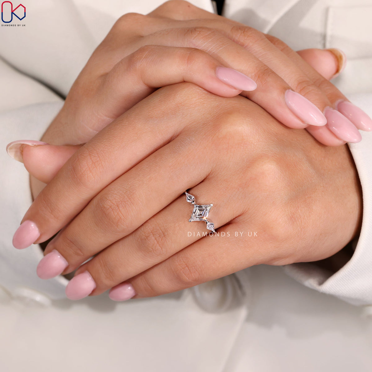 Lozenge Cut Diamond Ring With Kite Side Stones