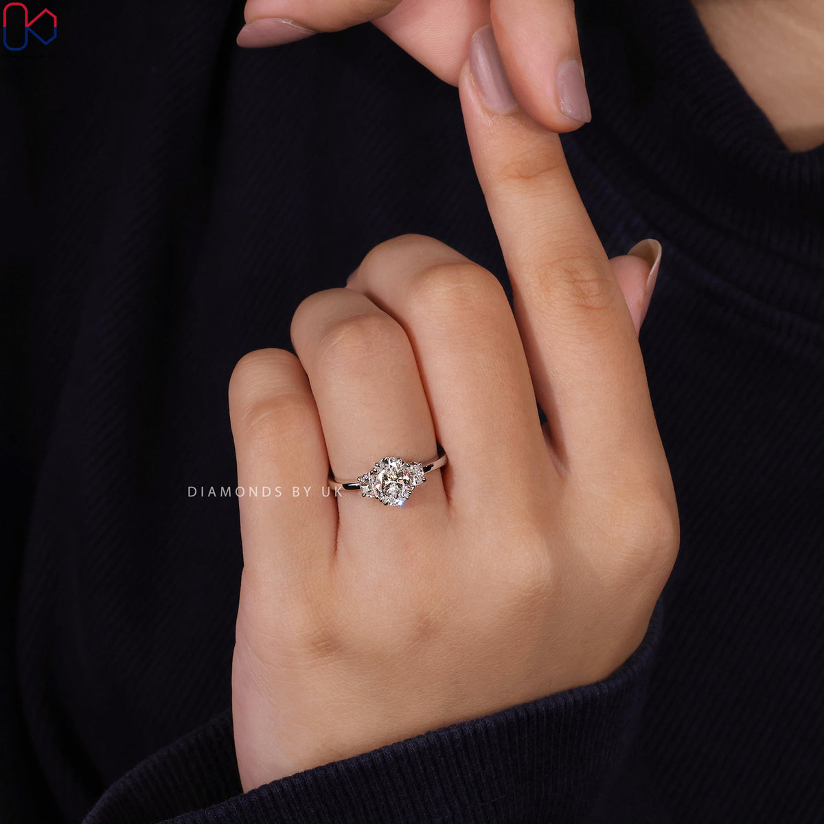 Oval and Half Moon 3 Stone Engagement Ring