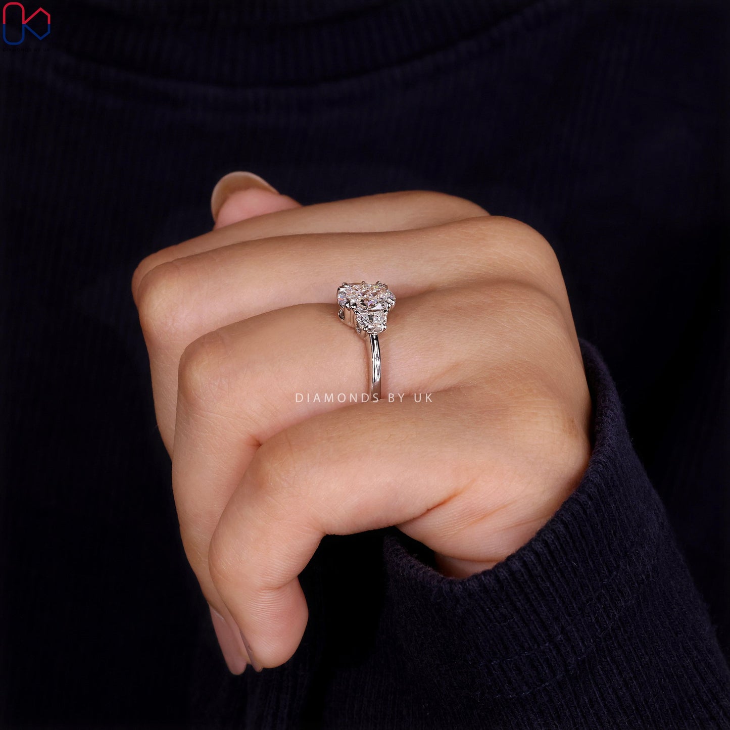 Oval and Half Moon 3 Stone Engagement Ring