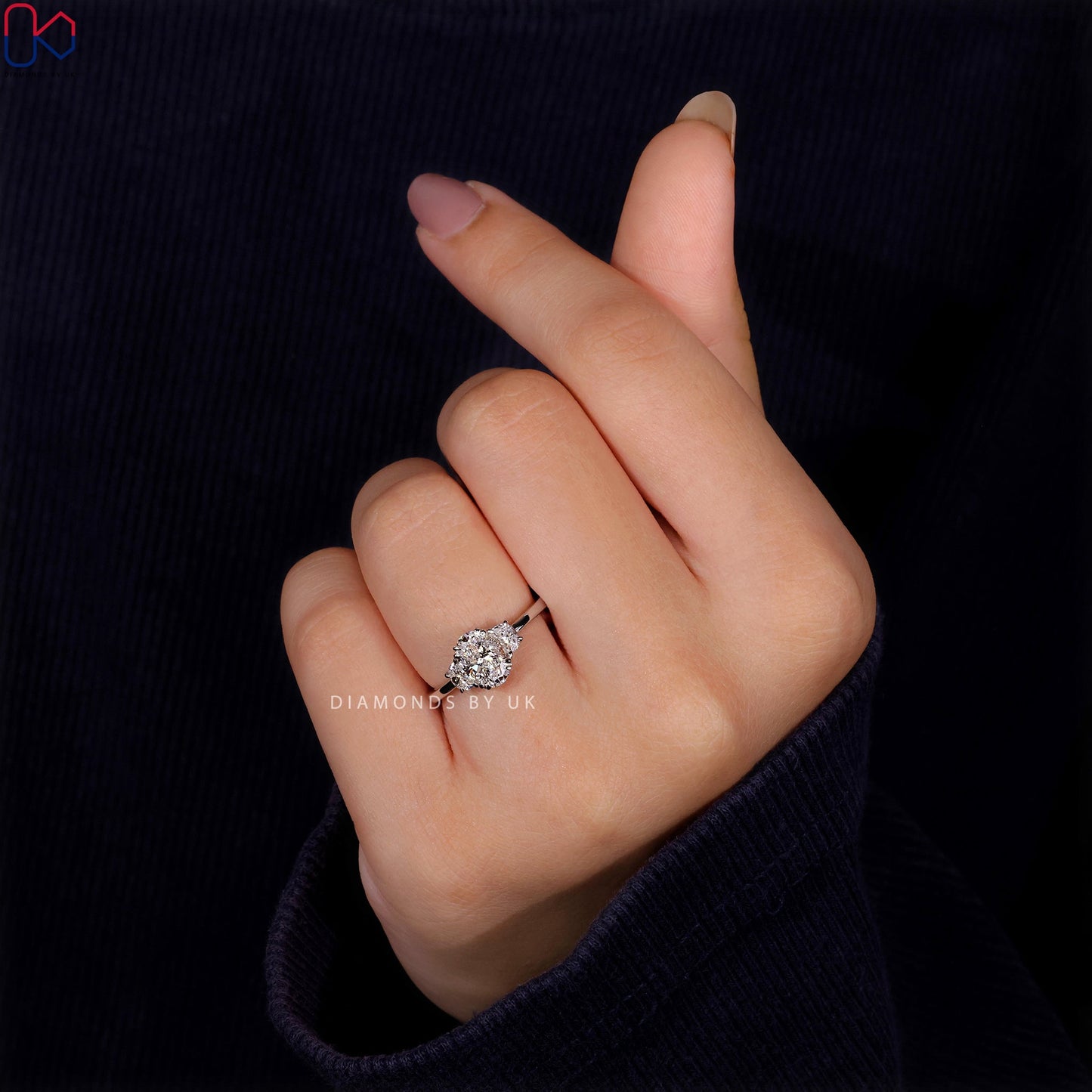 Oval and Half Moon 3 Stone Engagement Ring