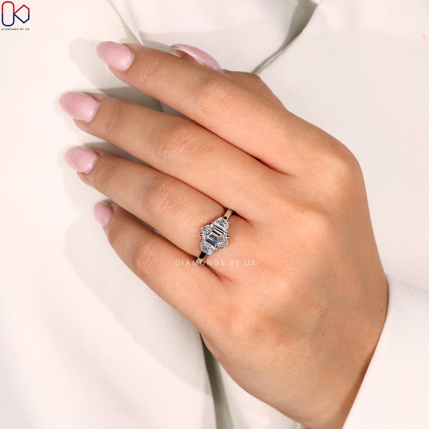 Hexagon Cut Diamond Engagement Ring with Half Moon Cut
