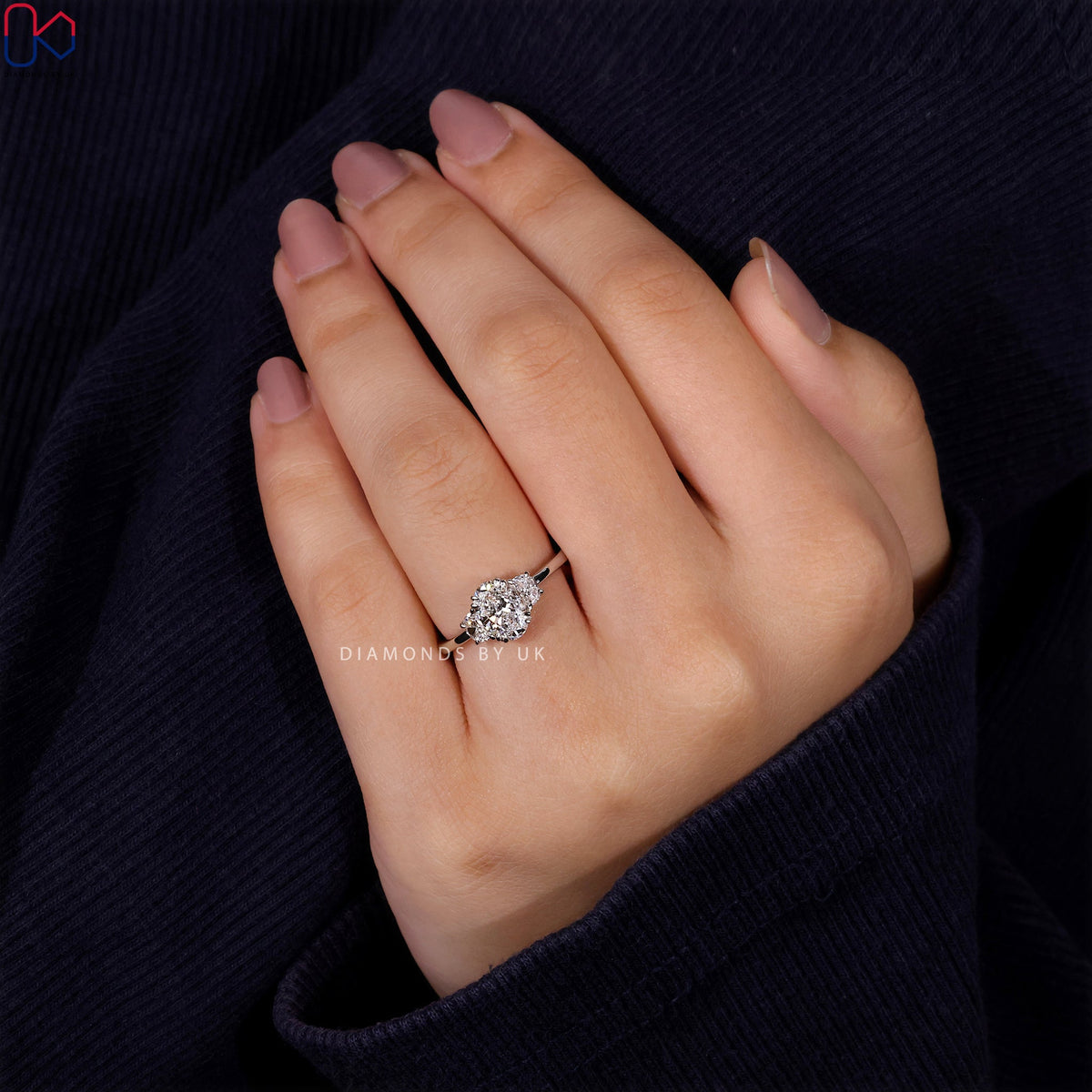Oval and Half Moon 3 Stone Engagement Ring