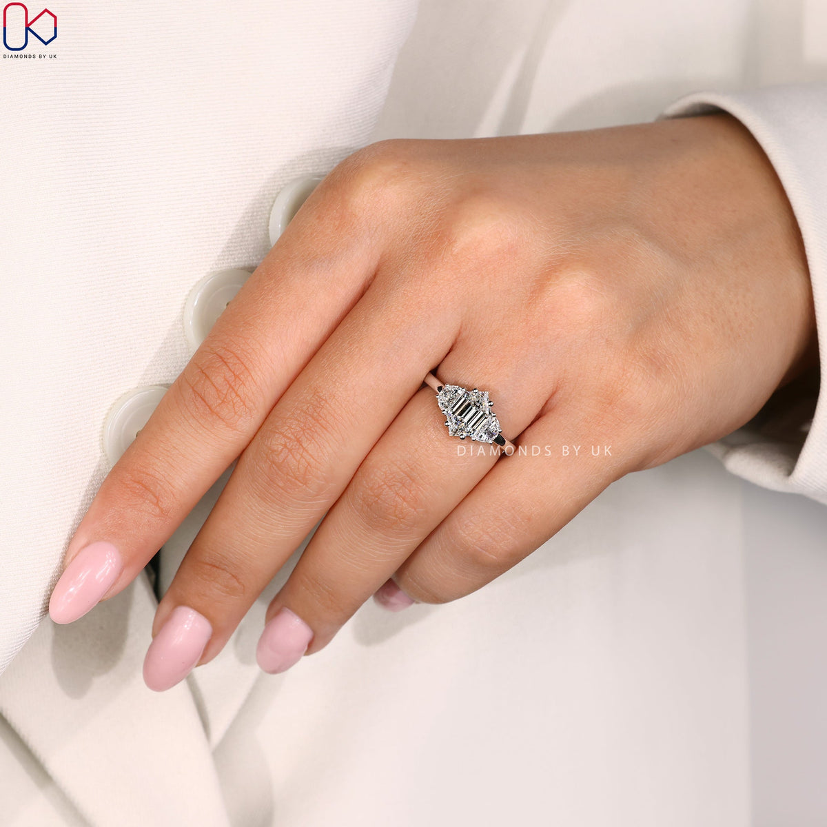 Hexagon Cut Diamond Engagement Ring with Half Moon Cut