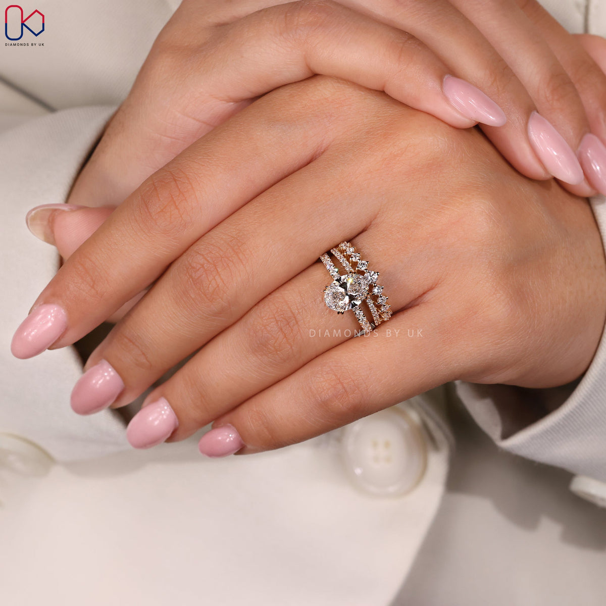 Oval Diamond Pave Engagement Ring with Wedding Band