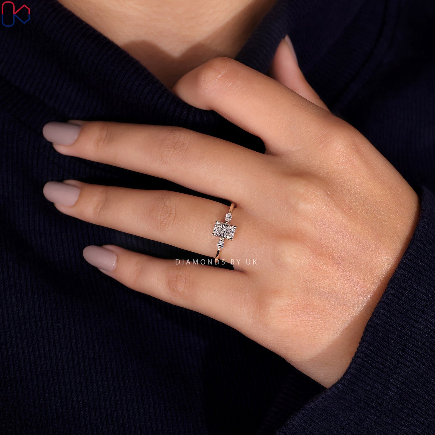 3 Stone Engagement Ring - Radiant and Marquise Diamond