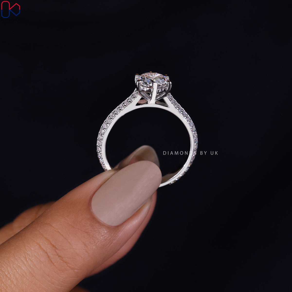 Round Cut Diamond Ring - Two Row Pave