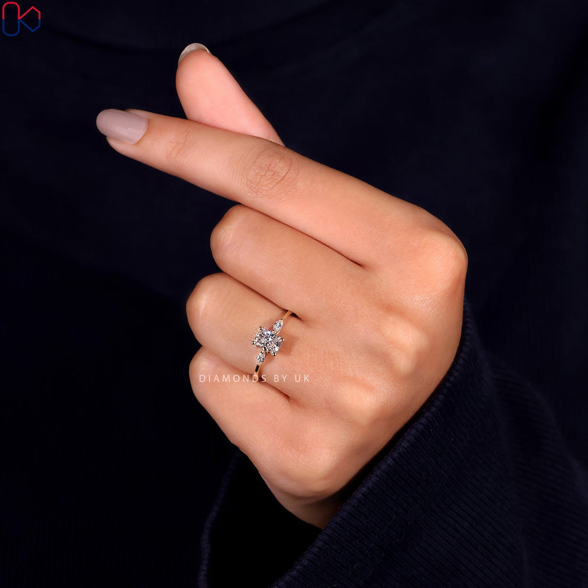 3 Stone Engagement Ring - Radiant and Marquise Diamond