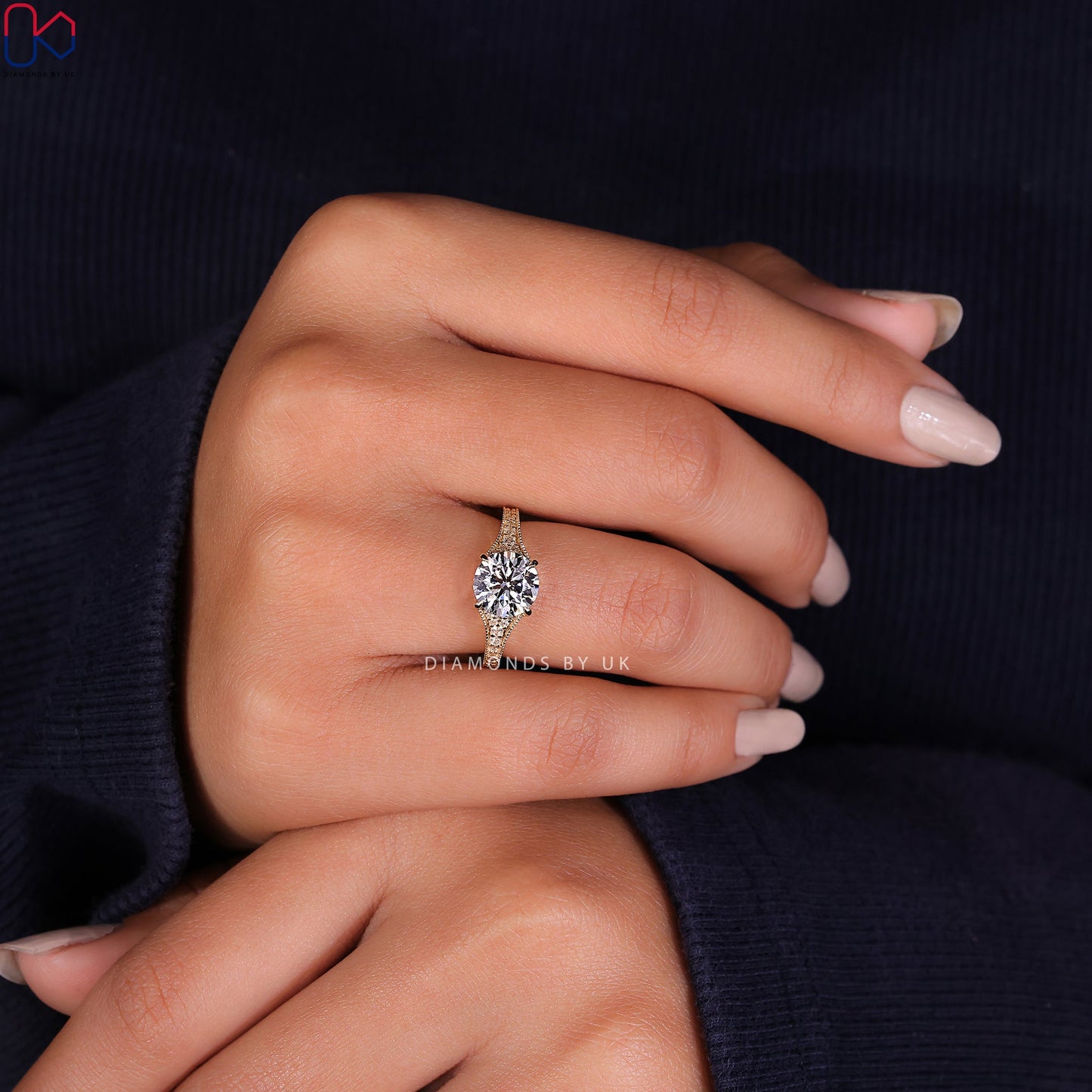 Round Brilliant Cut Diamond Ring - Tapered Pave Set