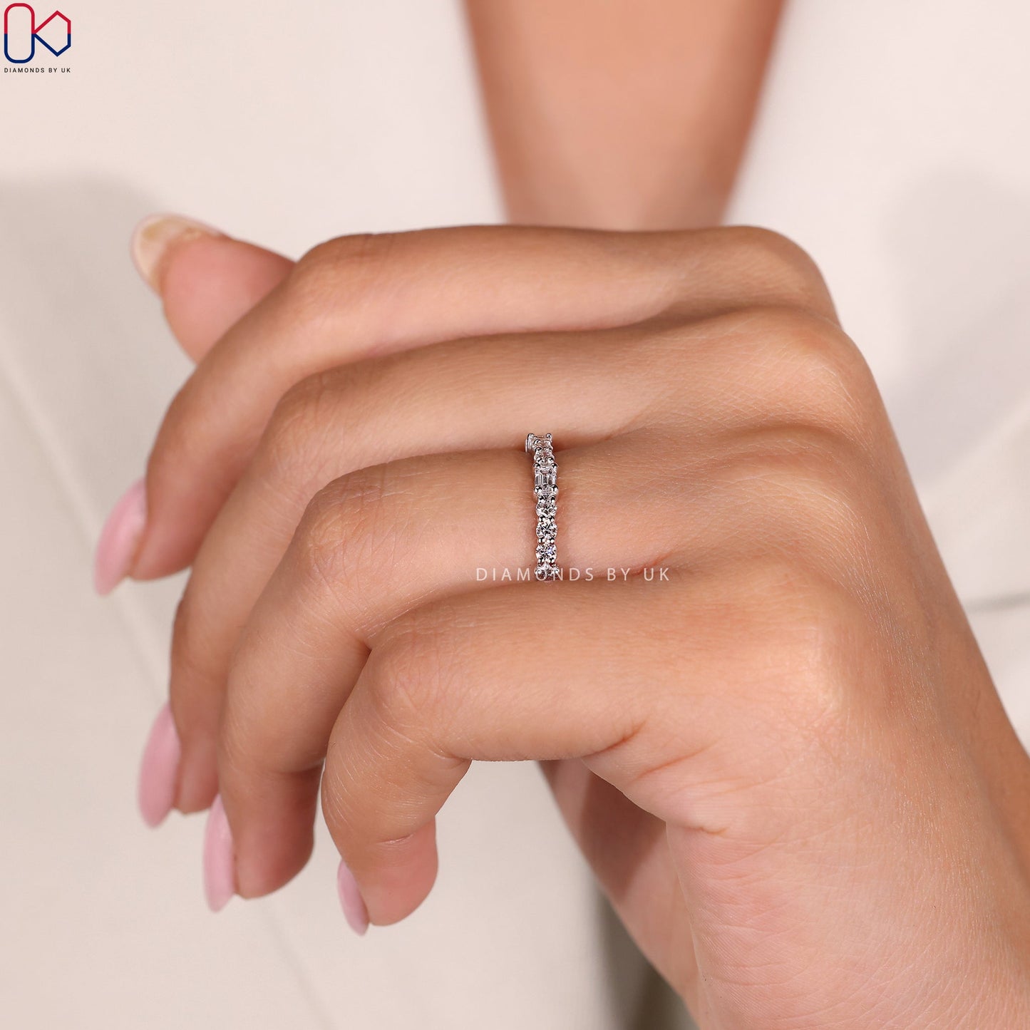 White Gold Eternity Band - Emerald and Round Diamonds
