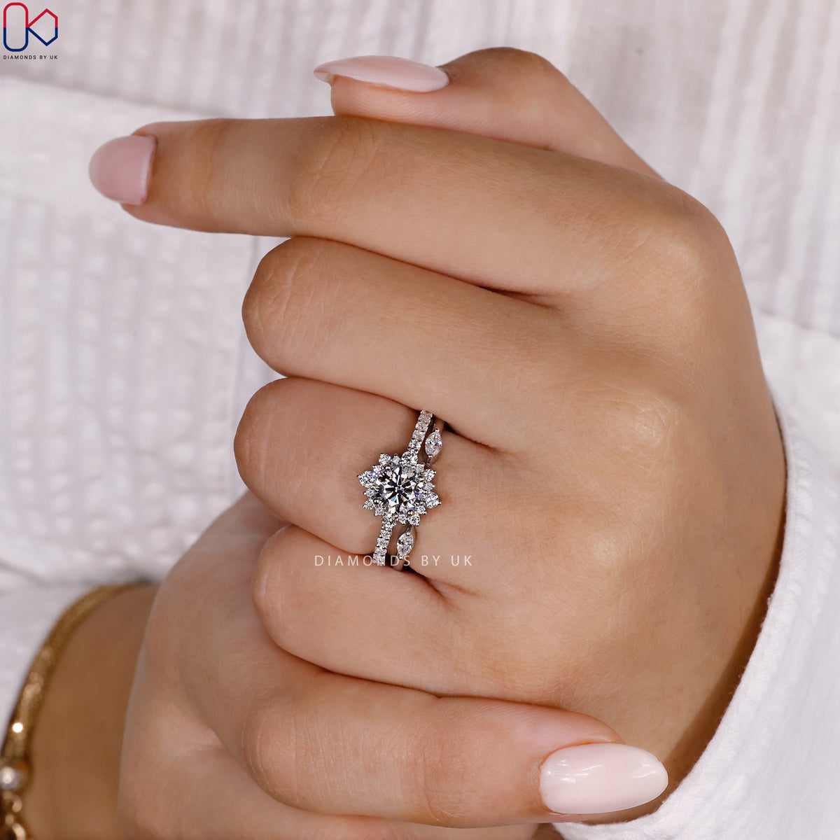 Halo Engagement Ring With Wedding Band