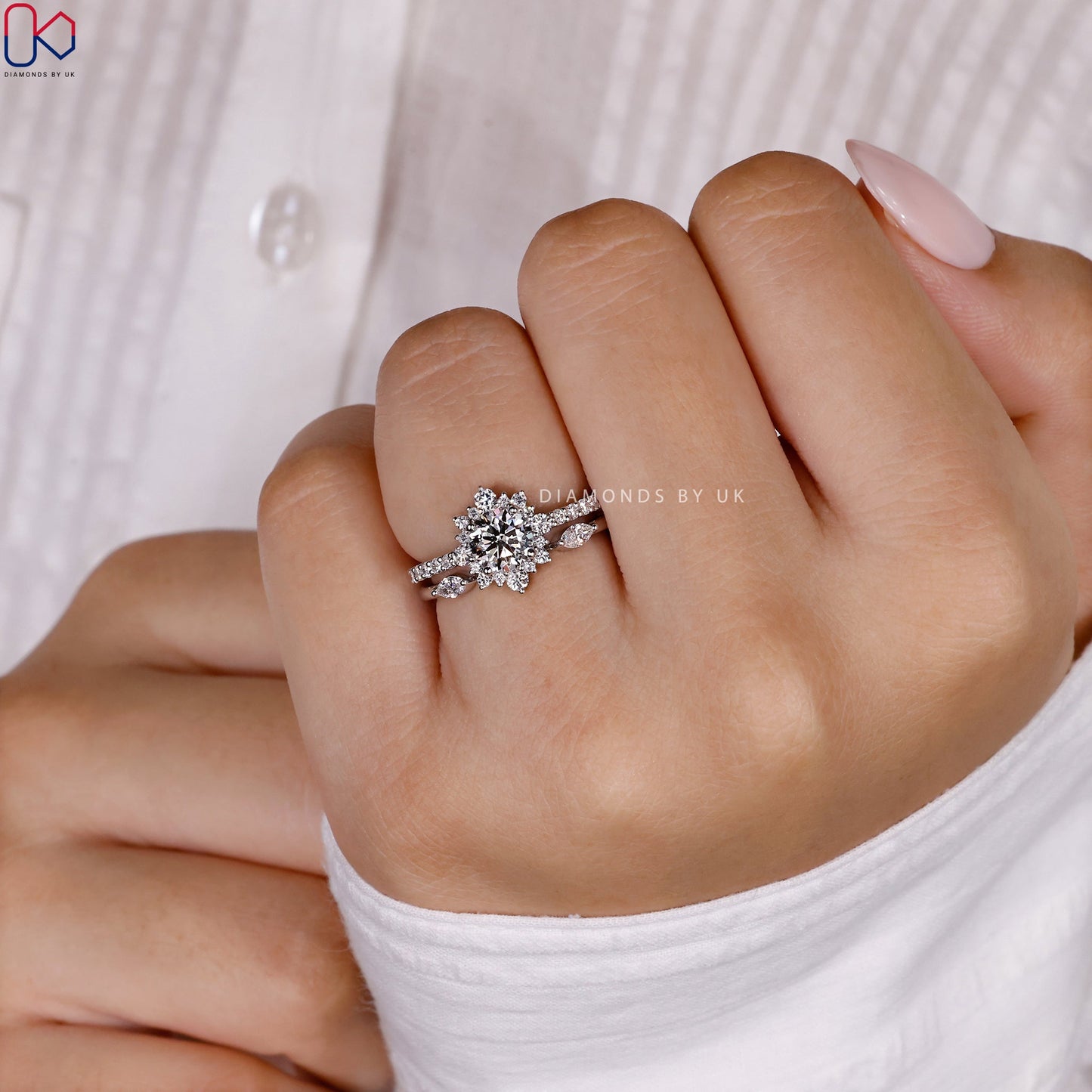 Halo Engagement Ring With Wedding Band