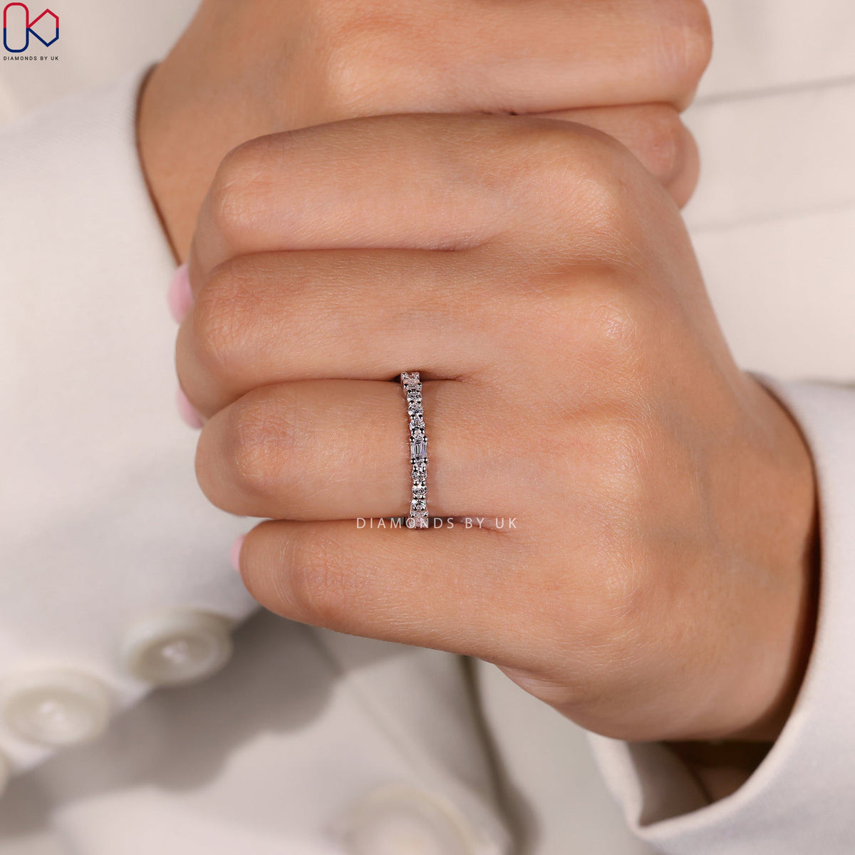 White Gold Eternity Band - Emerald and Round Diamonds
