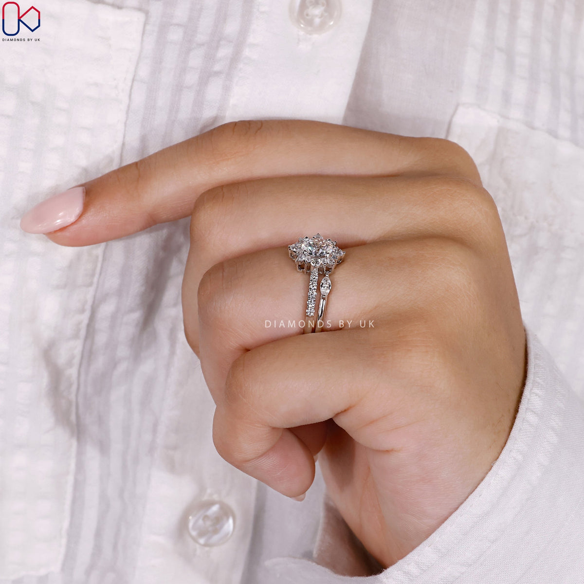 Halo Engagement Ring With Wedding Band