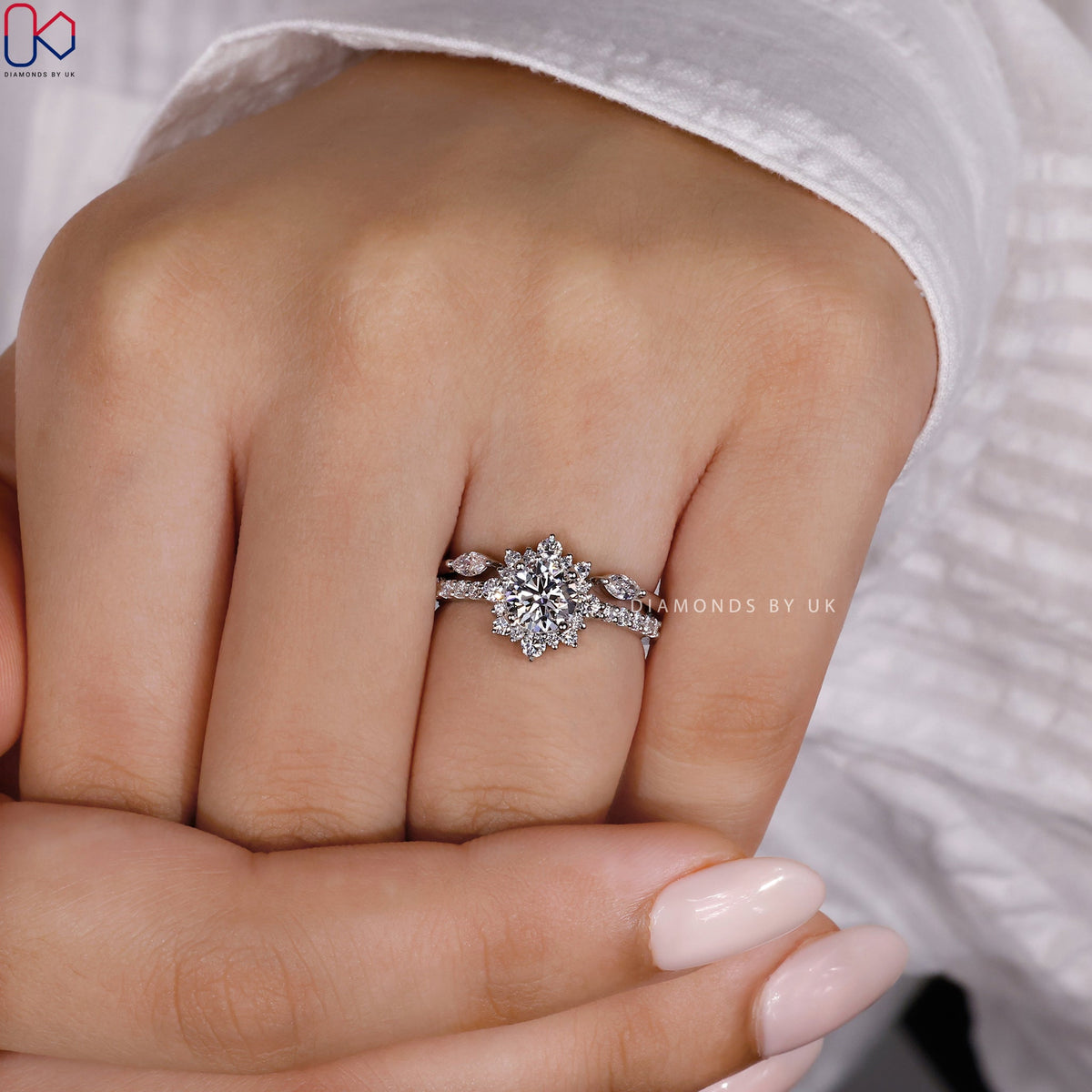 Halo Engagement Ring With Wedding Band