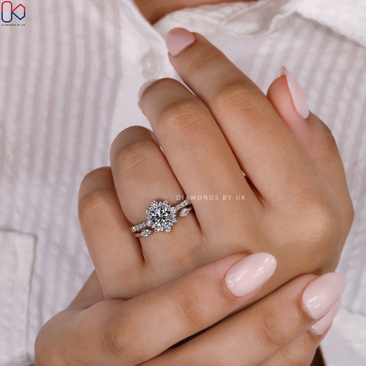 Halo Engagement Ring With Wedding Band