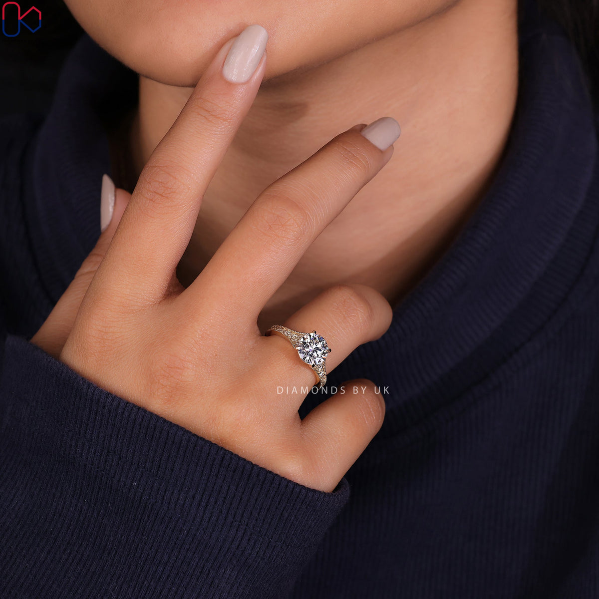 Round Brilliant Cut Diamond Ring - Tapered Pave Set