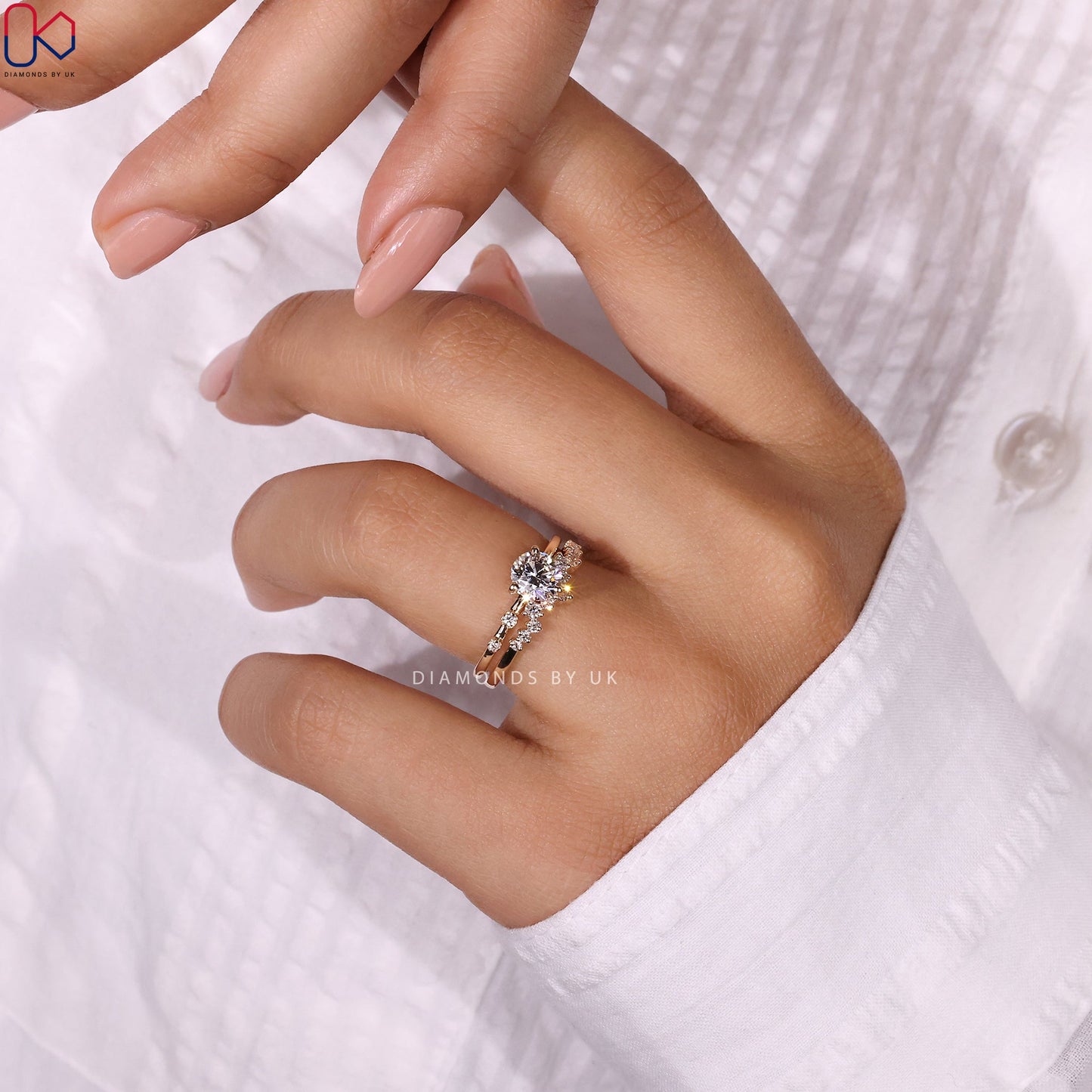 Round Diamond Ring With Curved Wedding Band