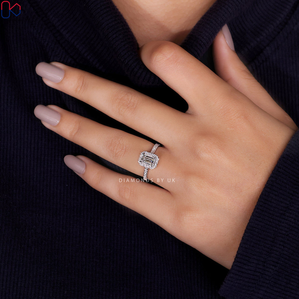 Emerald Cut Diamond Ring With Pave Band