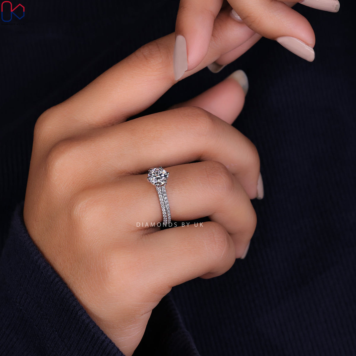 Round Cut Diamond Ring - Two Row Pave