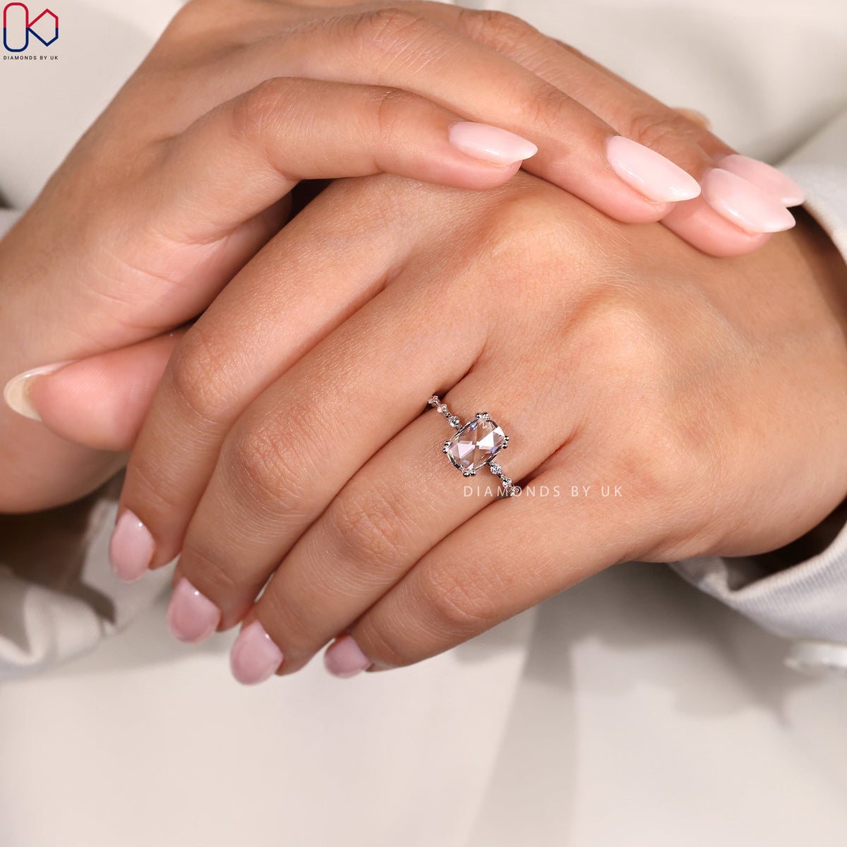 Cushion Rose Cut Diamond Engagement Ring with Distance Pave