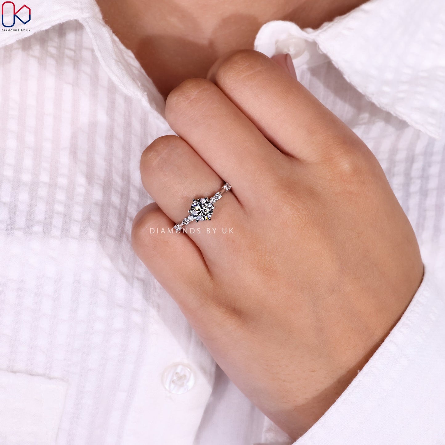 Round Diamond Engagement Ring With Distance Pave Band