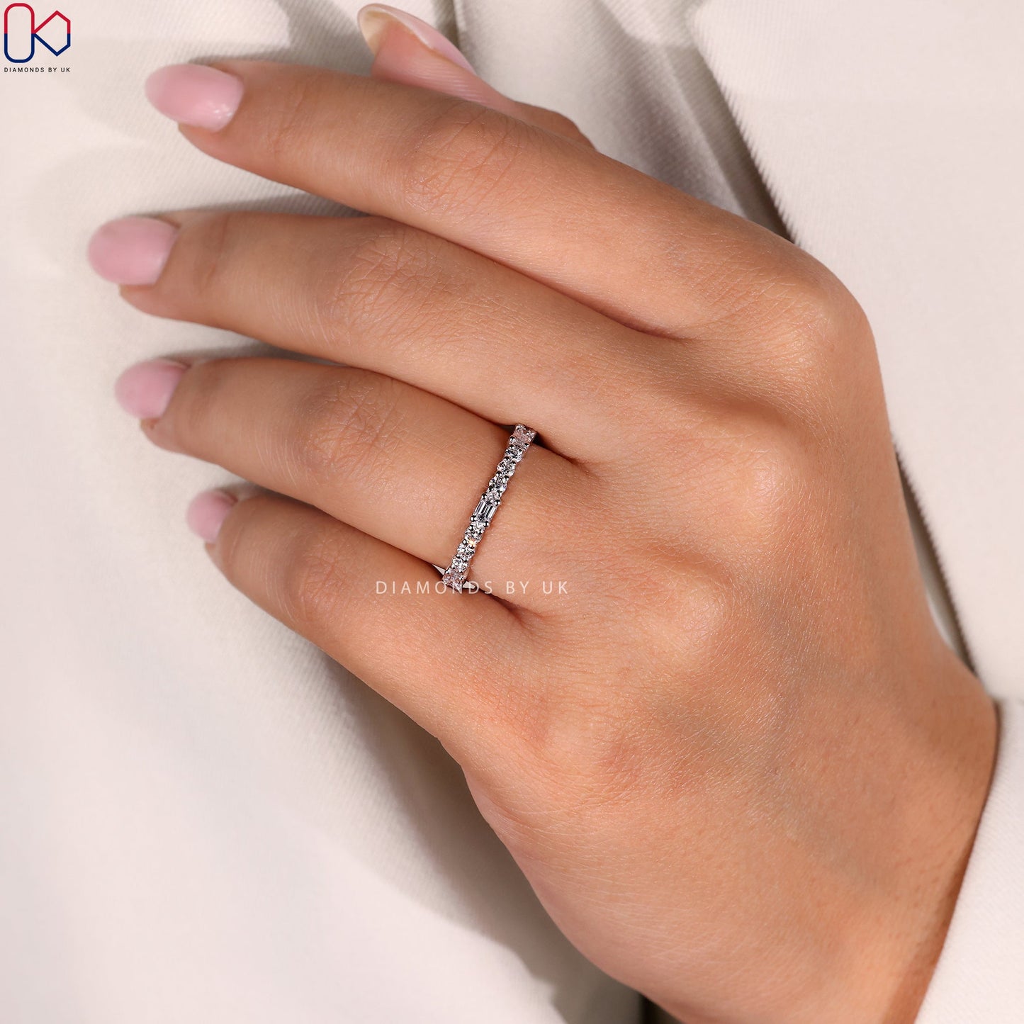 White Gold Eternity Band - Emerald and Round Diamonds