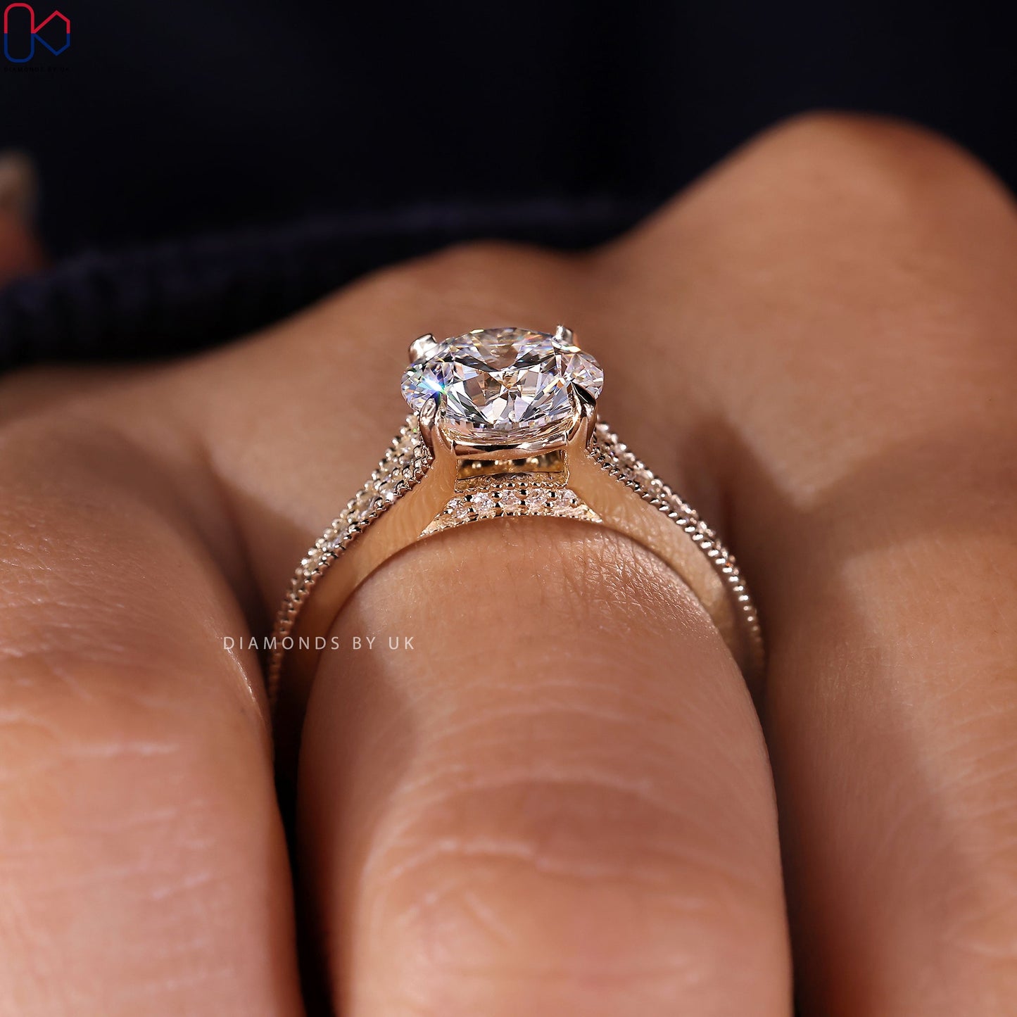 Round Brilliant Cut Diamond Ring - Tapered Pave Set
