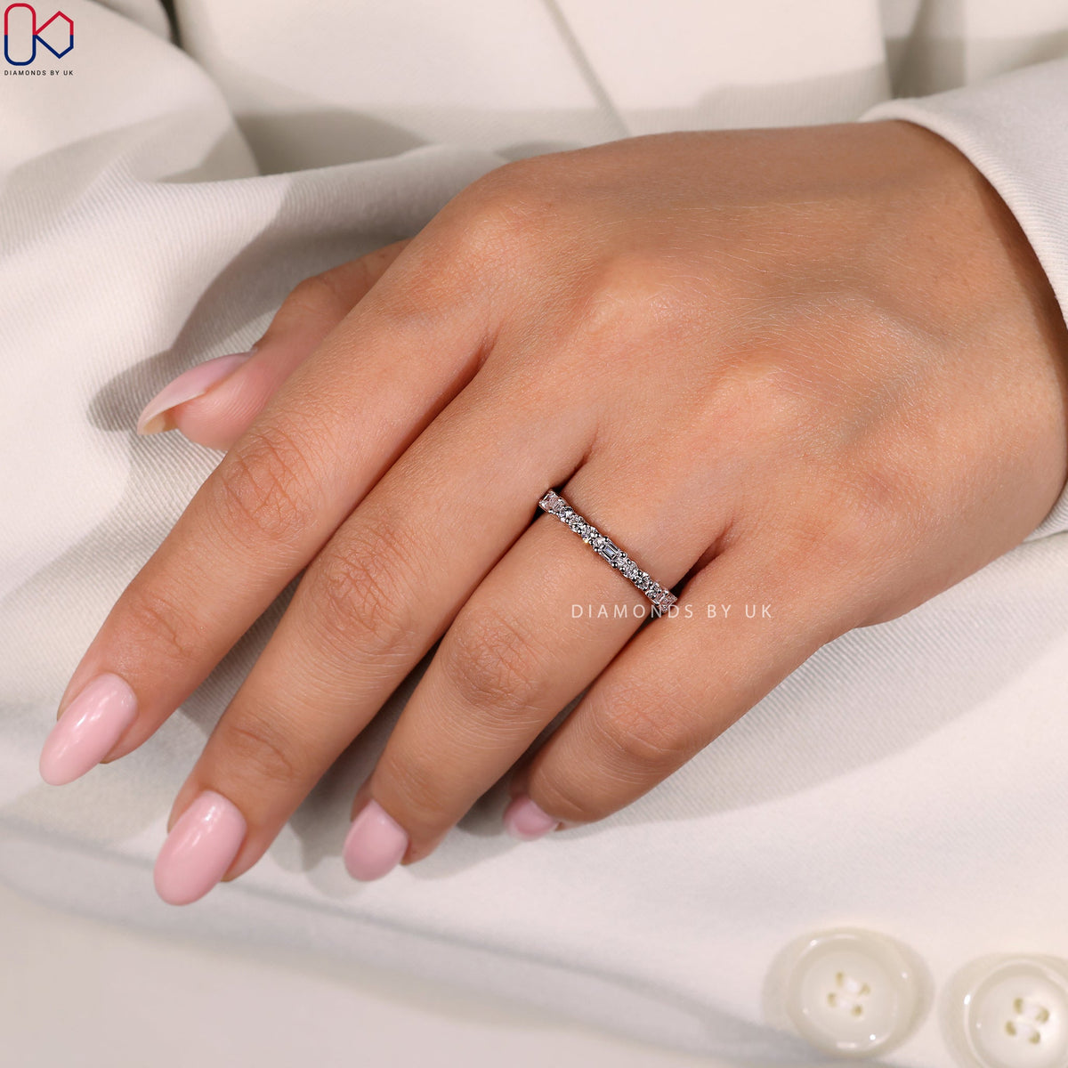 White Gold Eternity Band - Emerald and Round Diamonds