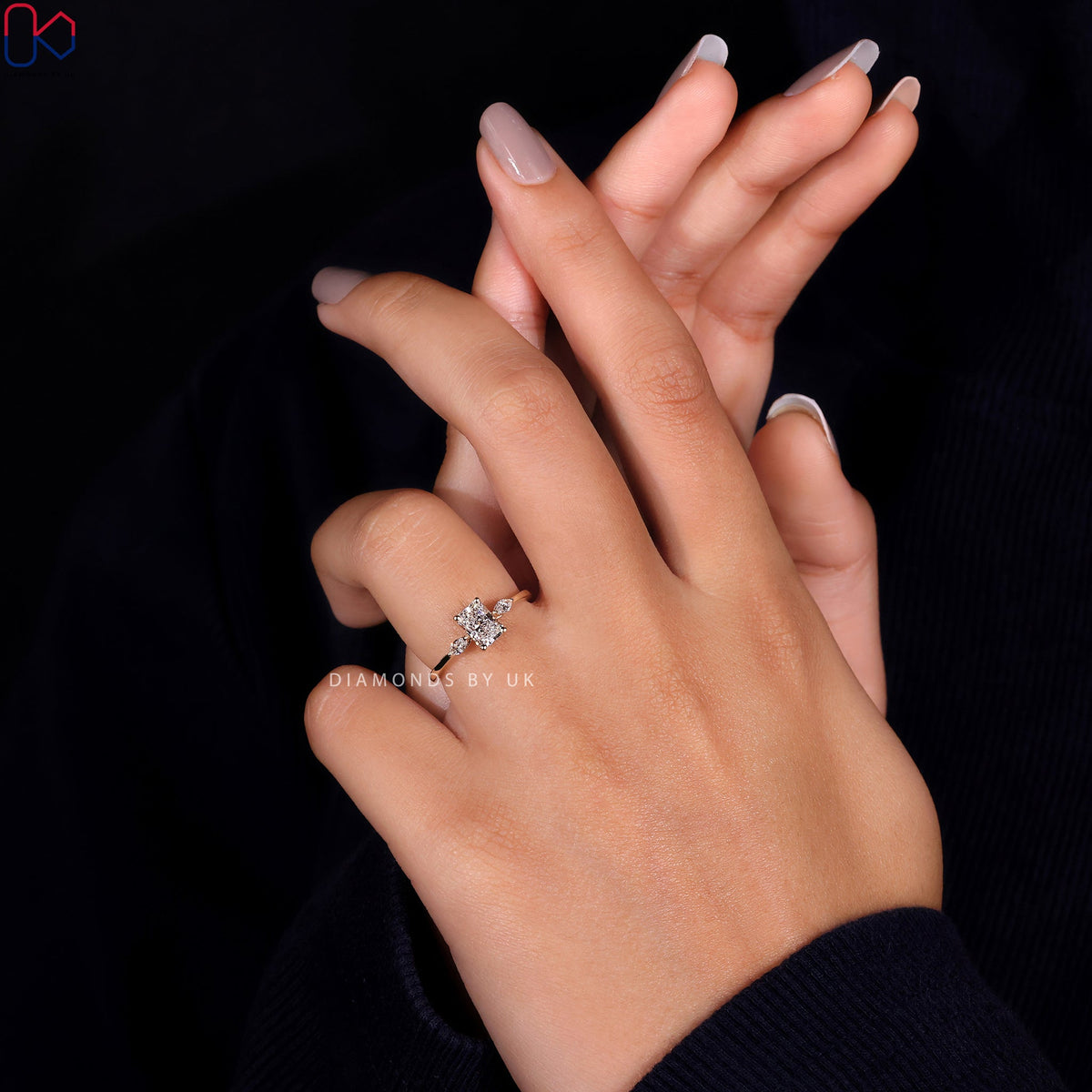 3 Stone Engagement Ring - Radiant and Marquise Diamond