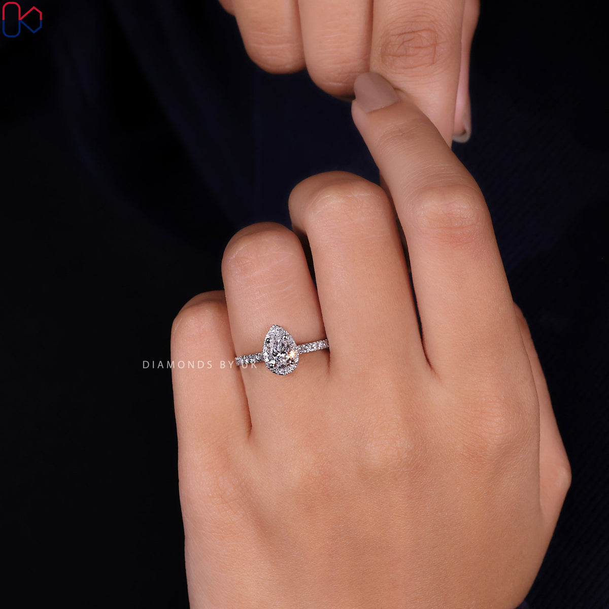 Pear Halo Engagement Ring - Pave Style