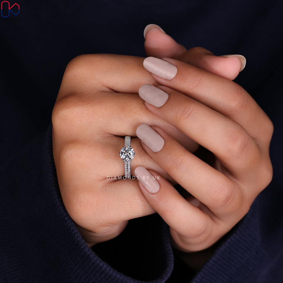 Round Cut Diamond Ring - Two Row Pave