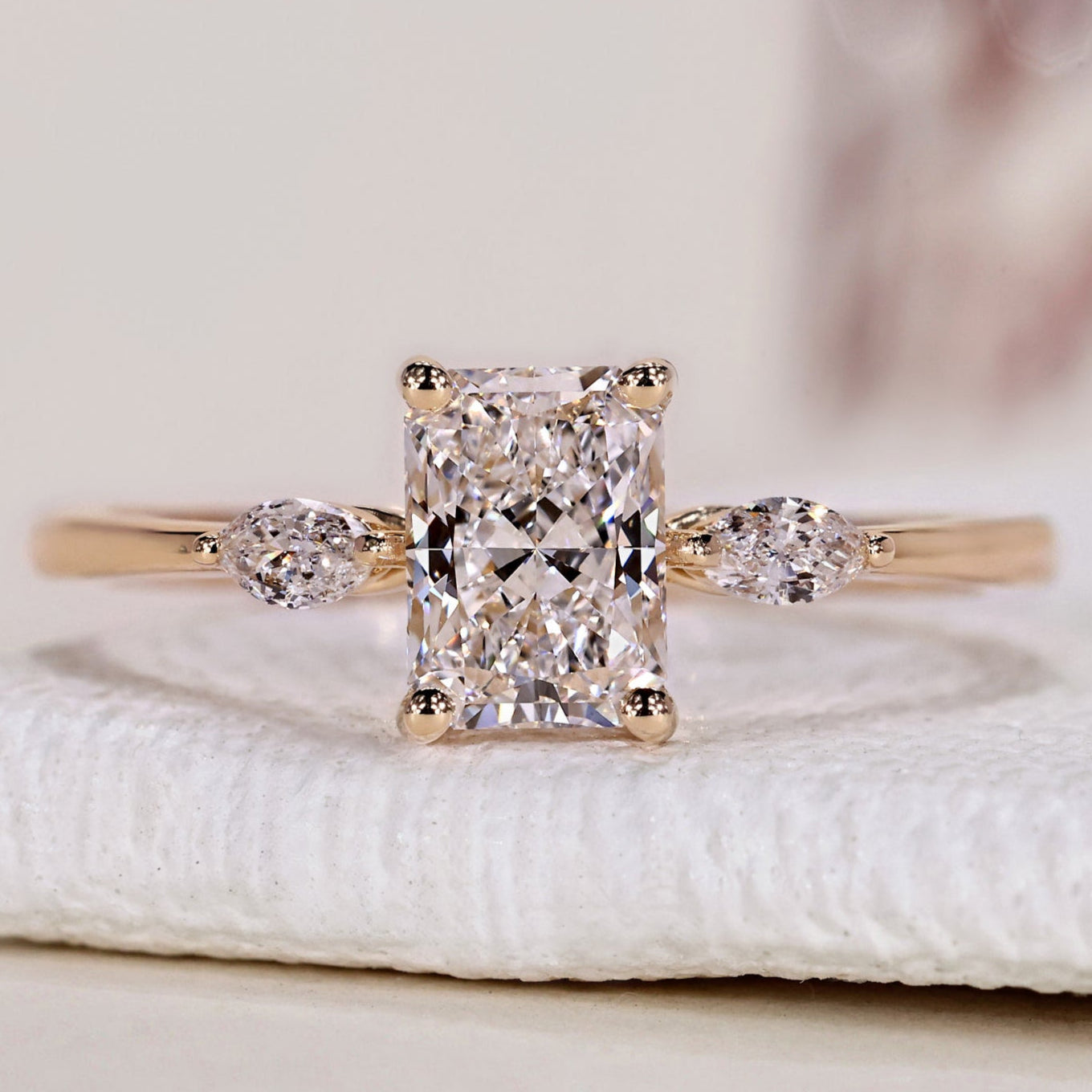 3 Stone Engagement Ring - Radiant and Marquise Diamond