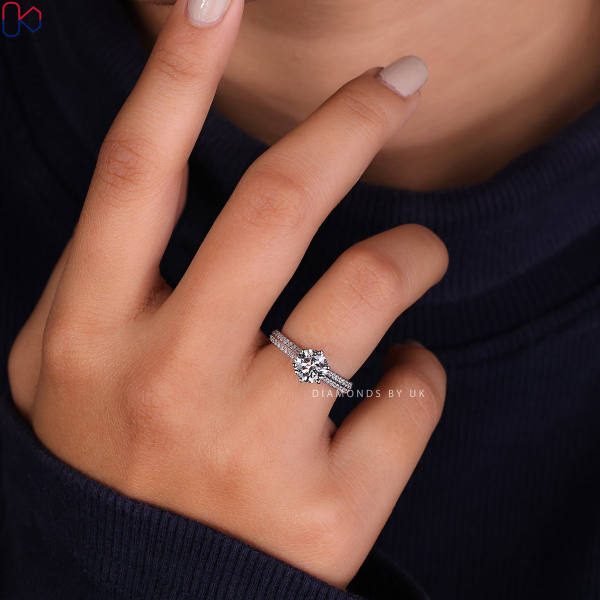 Round Cut Diamond Ring - Two Row Pave