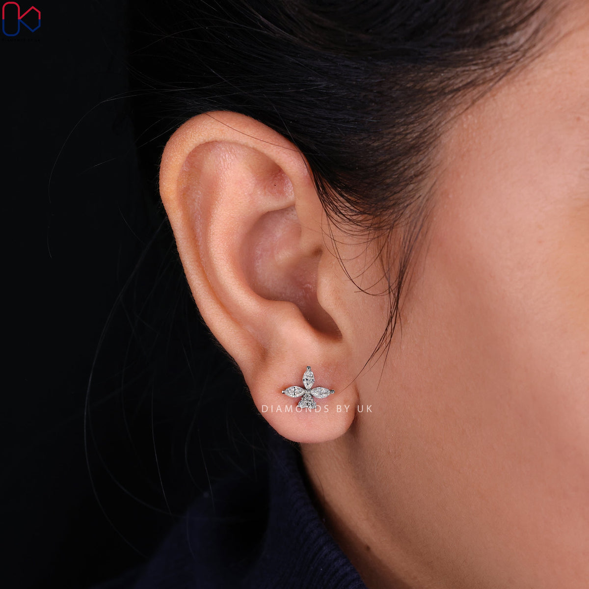 Floral Stud Earrings - Marquise and Round Diamond