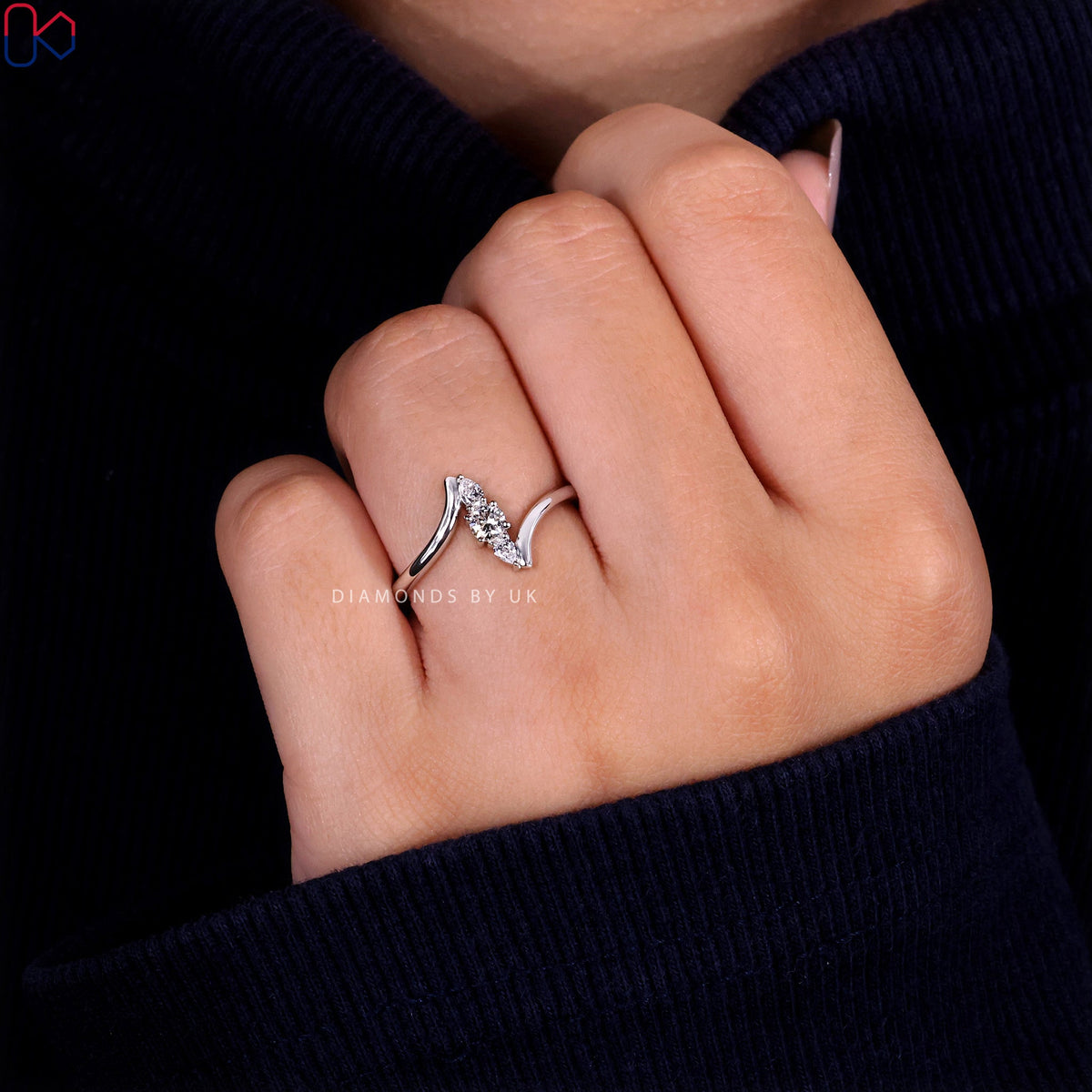 Round and Pear 3 Stone Diamond Ring