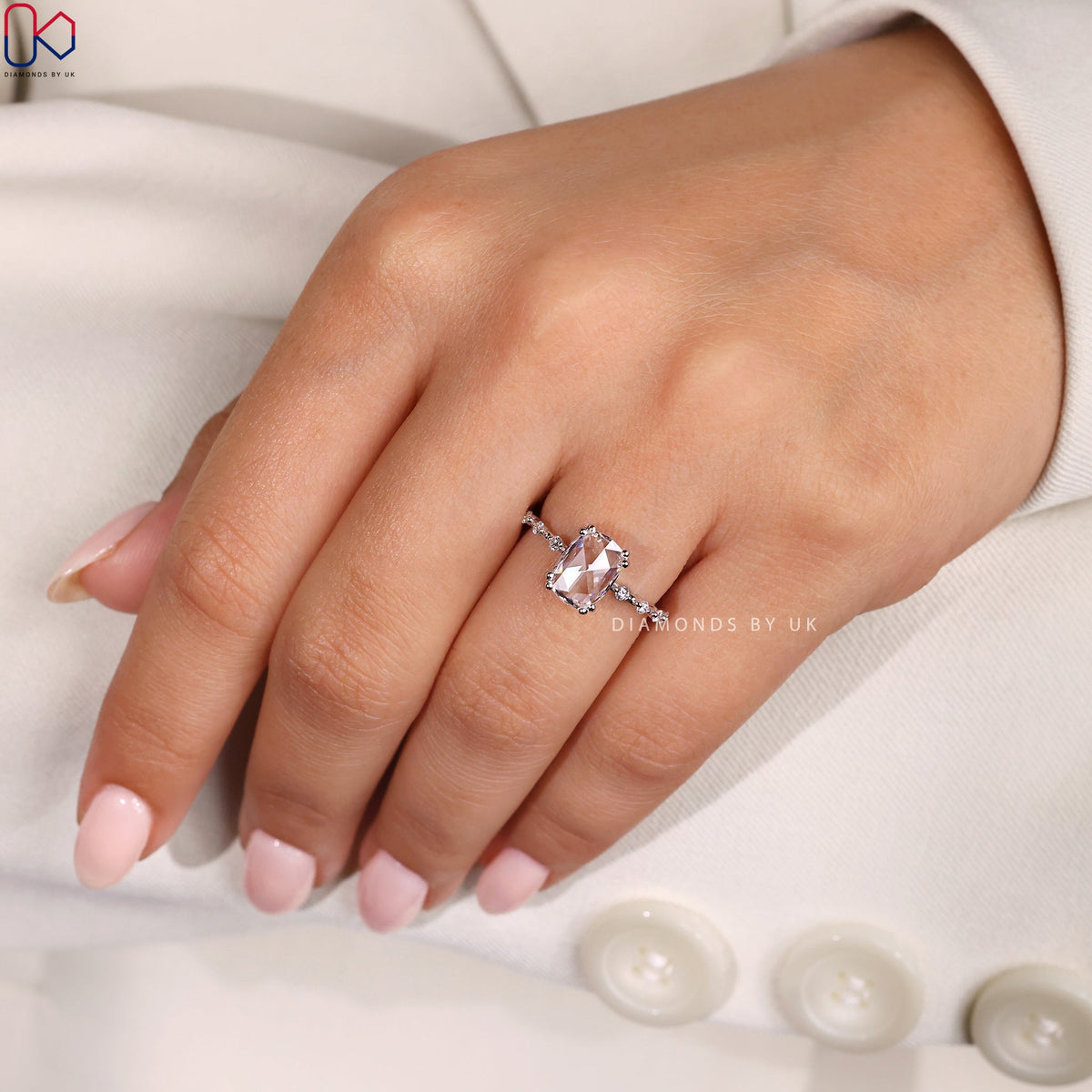 Cushion Rose Cut Diamond Engagement Ring with Distance Pave