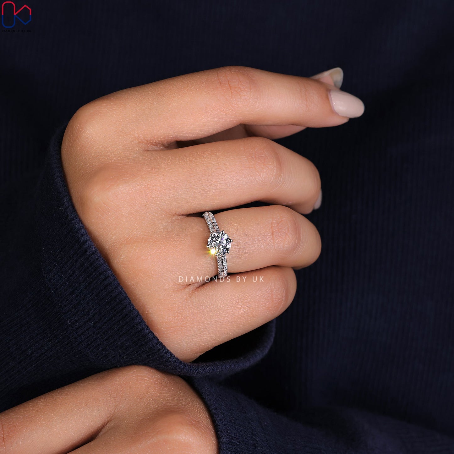 Round Cut Diamond Ring - Two Row Pave