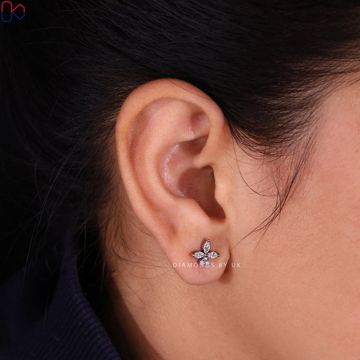 Floral Stud Earrings - Marquise and Round Diamond