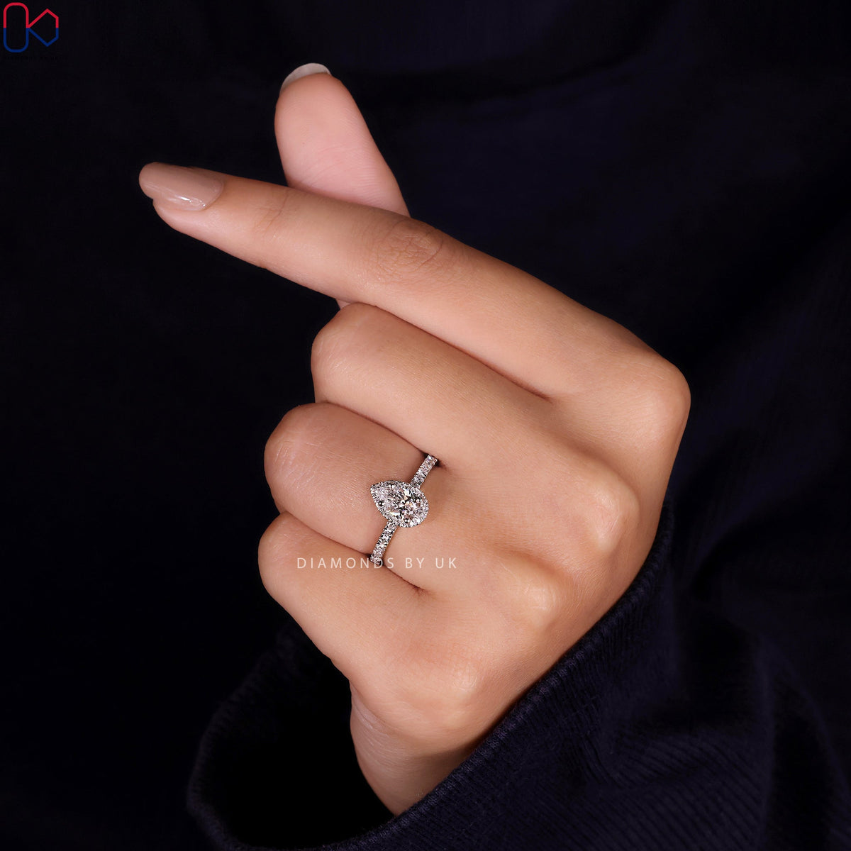 Pear Halo Engagement Ring - Pave Style